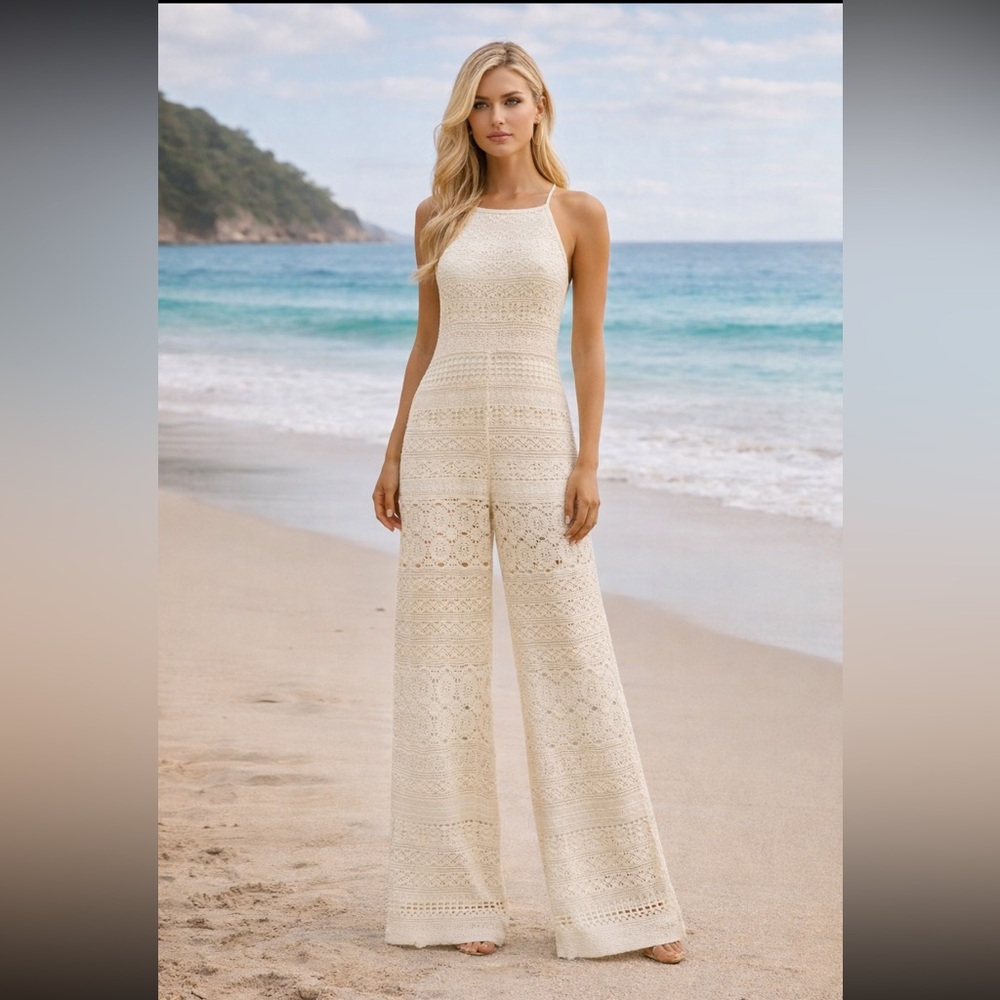Free People Cream Crochet Jumpsuit